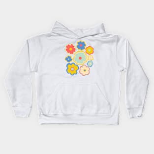 Hippie retro 70s flower pattern in blue, yellow and red Kids Hoodie